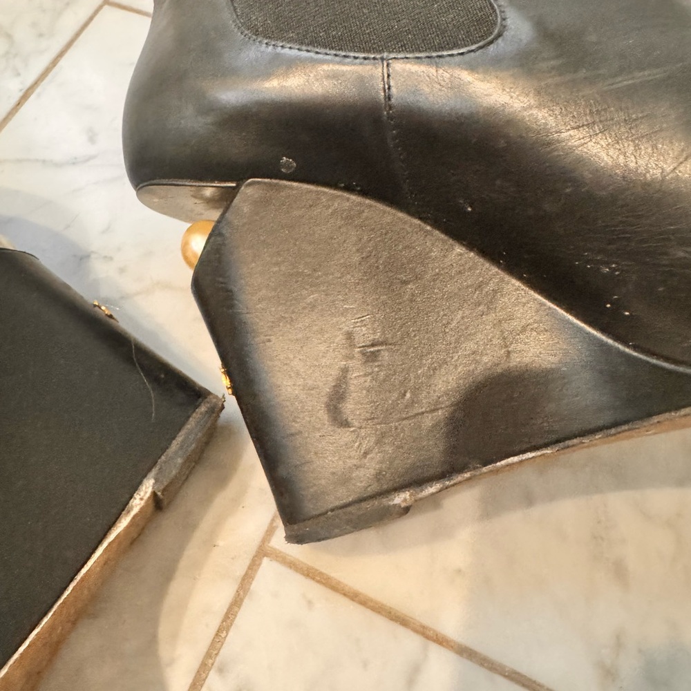 Chanel Black Leather Wedge Ankle Boots with Pearl Detail - Picture 4 of 6